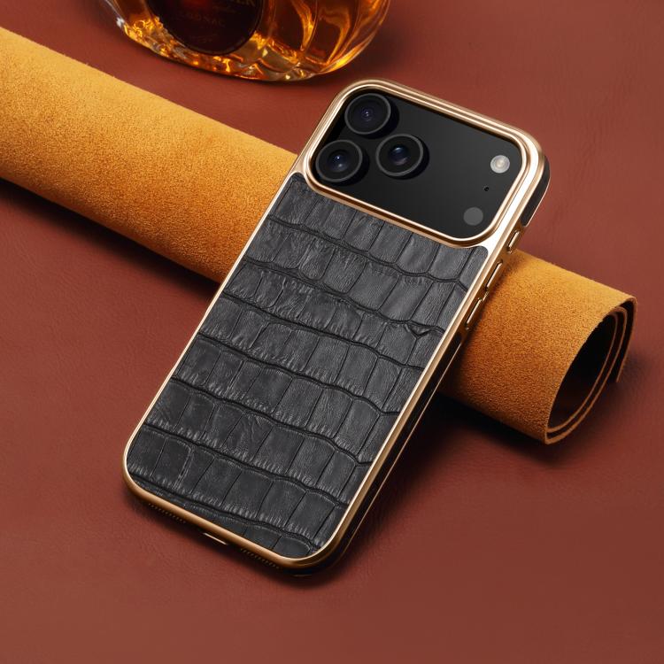 For iPhone 17 Pro Denior Crocodile Texture Genuine Leather Electroplating Phone Case(Black) by Denior