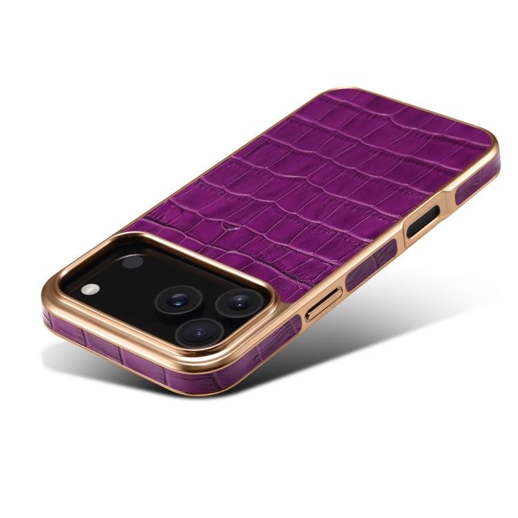 For iPhone 17 Pro Max Denior Crocodile Texture Genuine Leather Electroplating Phone Case(Purple) by Denior