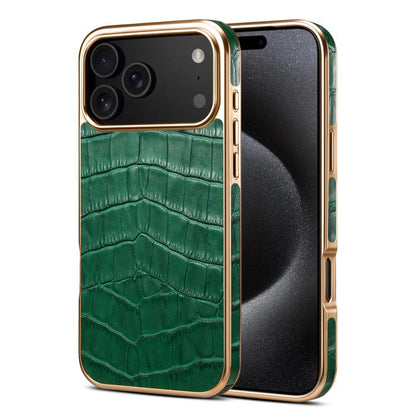 For iPhone 17 Pro Max Denior Crocodile Texture Genuine Leather Electroplating Phone Case(Green) by Denior