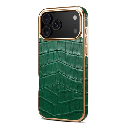 For iPhone 17 Pro Max Denior Crocodile Texture Genuine Leather Electroplating Phone Case(Green) by Denior