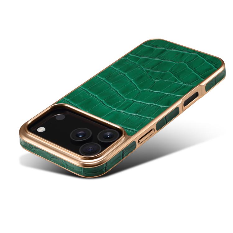 For iPhone 17 Pro Max Denior Crocodile Texture Genuine Leather Electroplating Phone Case(Green) by Denior