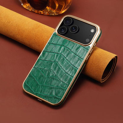 For iPhone 17 Pro Max Denior Crocodile Texture Genuine Leather Electroplating Phone Case(Green) by Denior