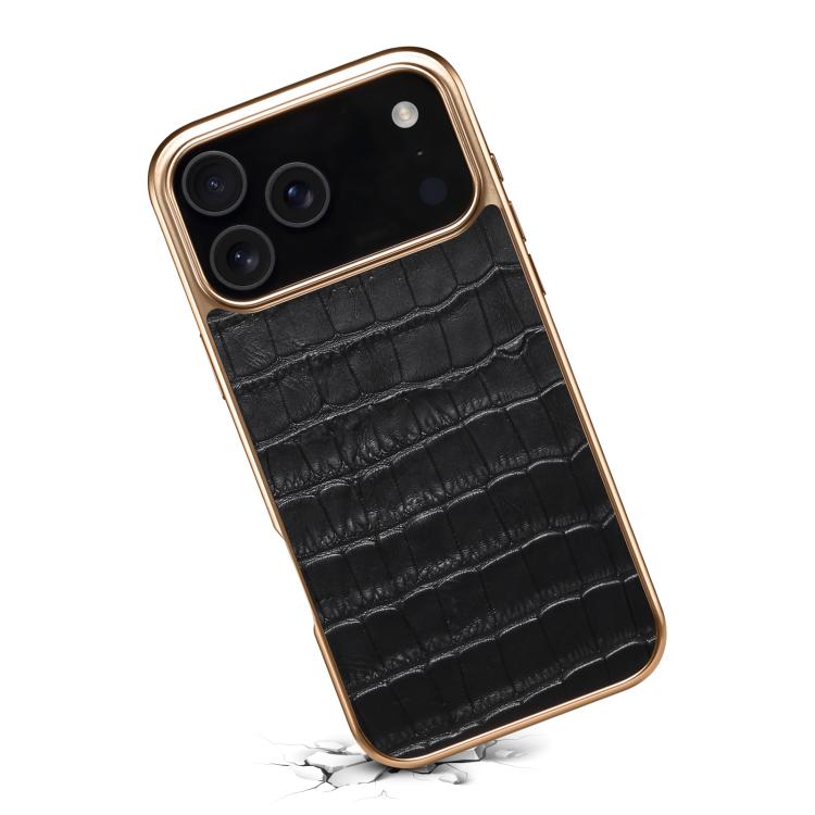 For iPhone 17 Pro Max Denior Crocodile Texture Genuine Leather Electroplating Phone Case(Black) by Denior