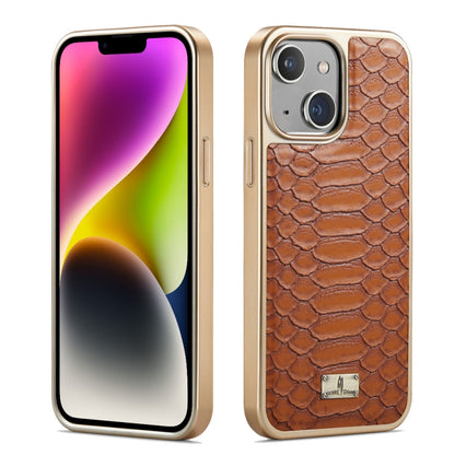 For iPhone 14 Plus Fierre Shann Python Texture Electroplating PU Phone Case(Brown) by FIERRE SHANN