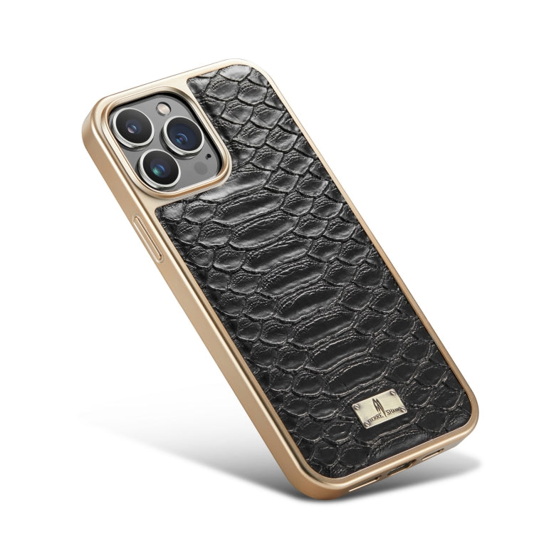 For iPhone 14 Pro Fierre Shann Python Texture Electroplating PU Phone Case(Black) by FIERRE SHANN