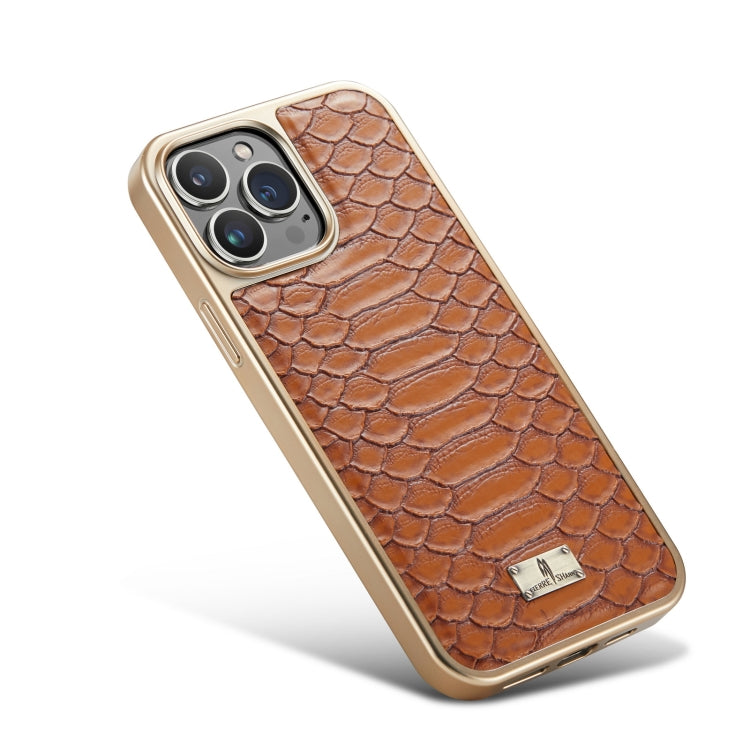For iPhone 14 Pro Max Fierre Shann Python Texture Electroplating PU Phone Case(Brown) by FIERRE SHANN