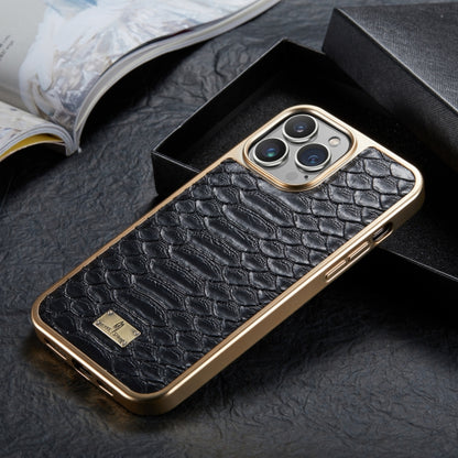 For iPhone 15 Fierre Shann Python Texture Electroplating PU Phone Case(Black) by FIERRE SHANN