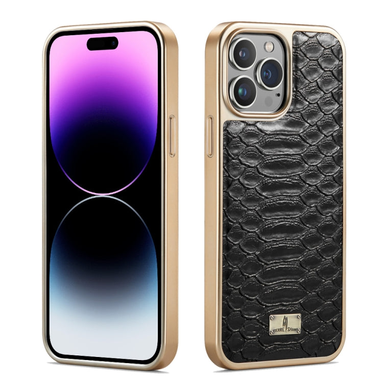 For iPhone 15 Pro Fierre Shann Python Texture Electroplating PU Phone Case(Black) by FIERRE SHANN