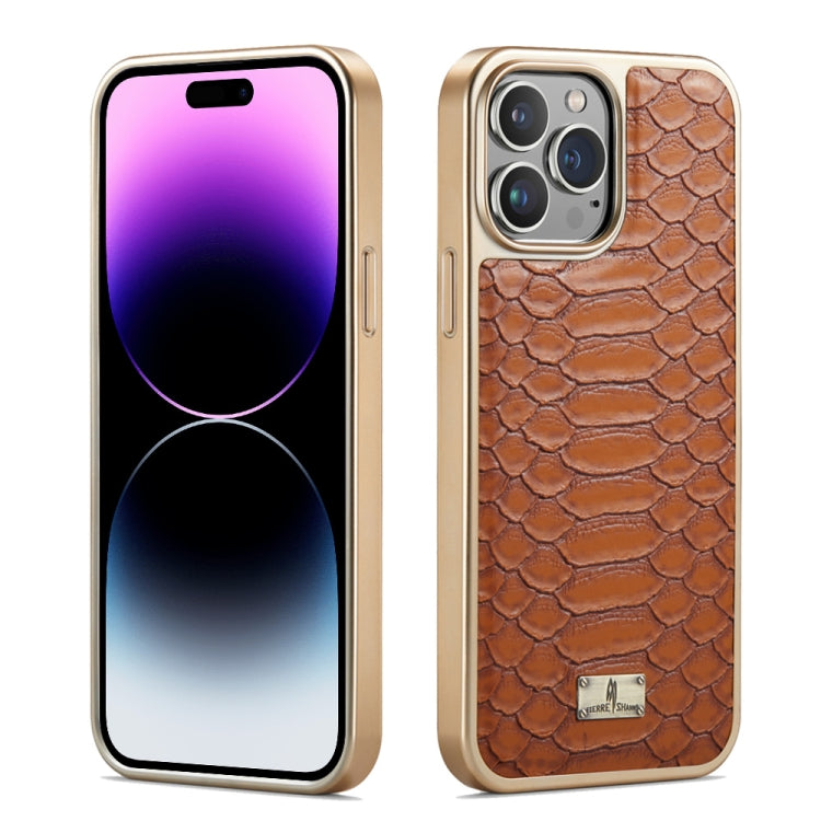 For iPhone 15 Pro Fierre Shann Python Texture Electroplating PU Phone Case(Brown) by FIERRE SHANN