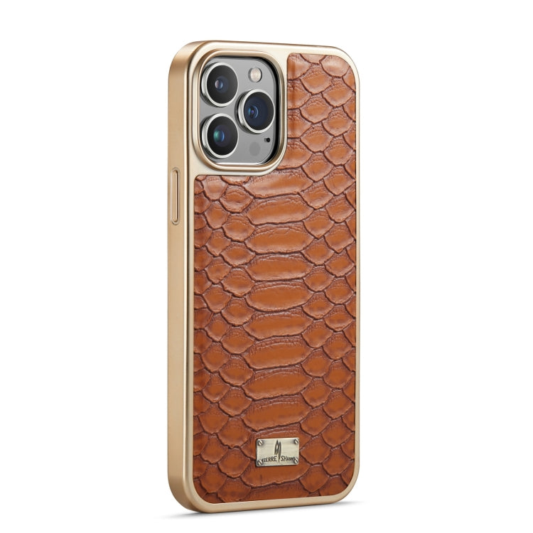 For iPhone 15 Pro Fierre Shann Python Texture Electroplating PU Phone Case(Brown) by FIERRE SHANN