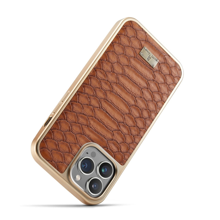 For iPhone 15 Pro Fierre Shann Python Texture Electroplating PU Phone Case(Brown) by FIERRE SHANN