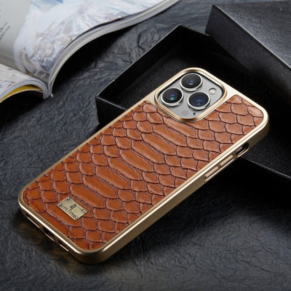 For iPhone 15 Pro Fierre Shann Python Texture Electroplating PU Phone Case(Brown) by FIERRE SHANN
