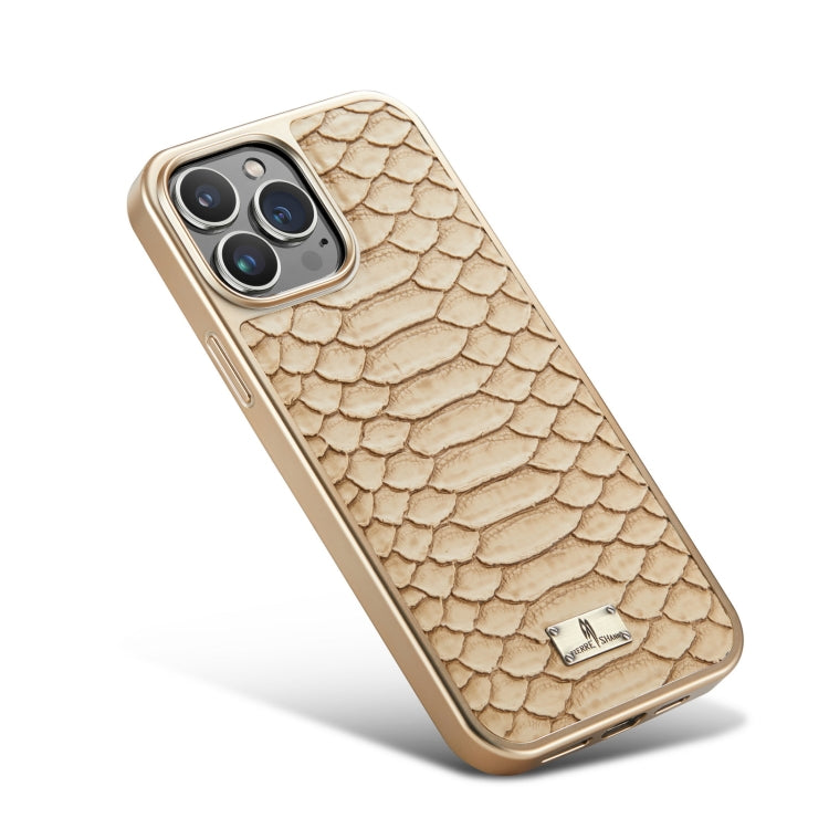 For iPhone 15 Pro Max Fierre Shann Python Texture Electroplating PU Phone Case(White) by FIERRE SHANN
