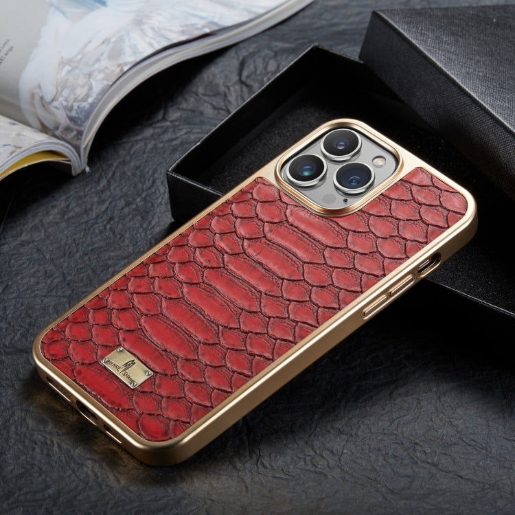 For iPhone 15 Pro Max Fierre Shann Python Texture Electroplating PU Phone Case(Red) by FIERRE SHANN