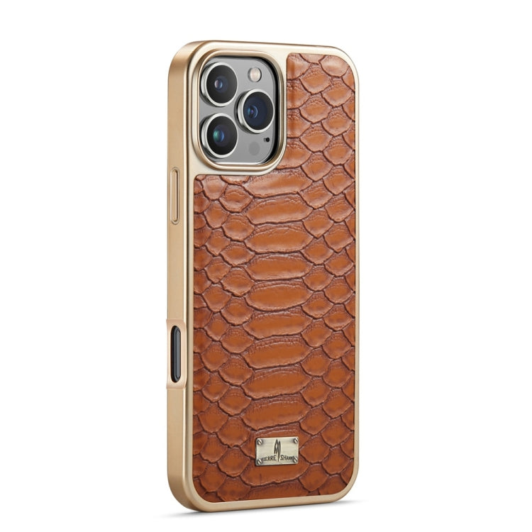 For iPhone 16 Pro Max Fierre Shann Python Texture Electroplating PU Phone Case(Brown) by FIERRE SHANN