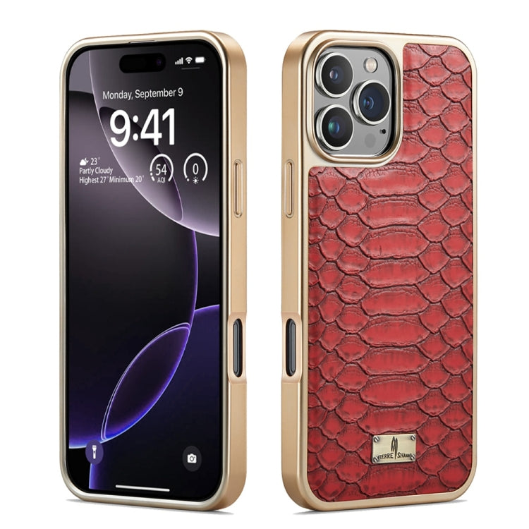 For iPhone 16 Pro Max Fierre Shann Python Texture Electroplating PU Phone Case(Red) by FIERRE SHANN