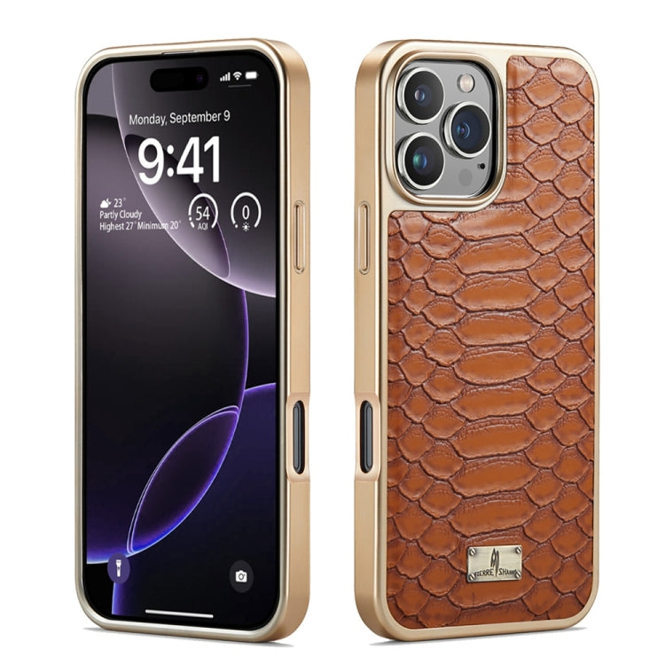 For iPhone 16 Pro Fierre Shann Python Texture Electroplating PU Phone Case(Brown) by FIERRE SHANN