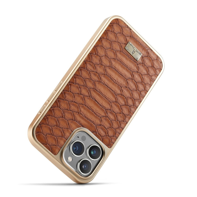 For iPhone 16 Pro Fierre Shann Python Texture Electroplating PU Phone Case(Brown) by FIERRE SHANN