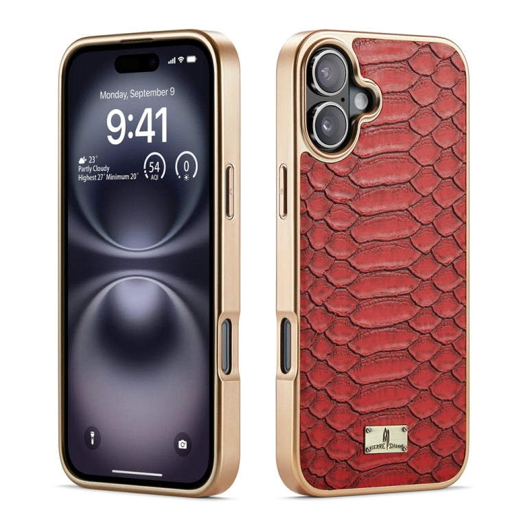 For iPhone 16 Plus Fierre Shann Python Texture Electroplating PU Phone Case(Red) by FIERRE SHANN