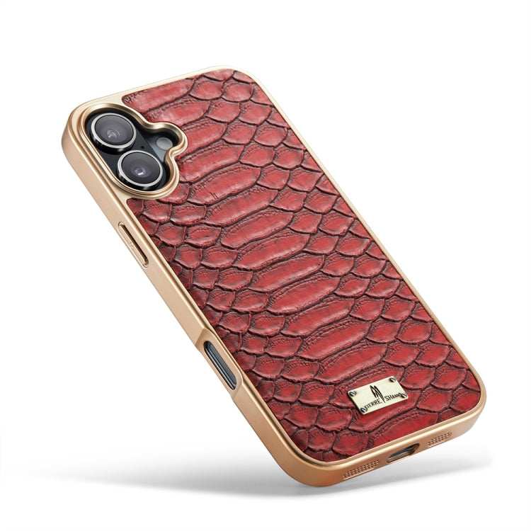 For iPhone 16 Plus Fierre Shann Python Texture Electroplating PU Phone Case(Red) by FIERRE SHANN