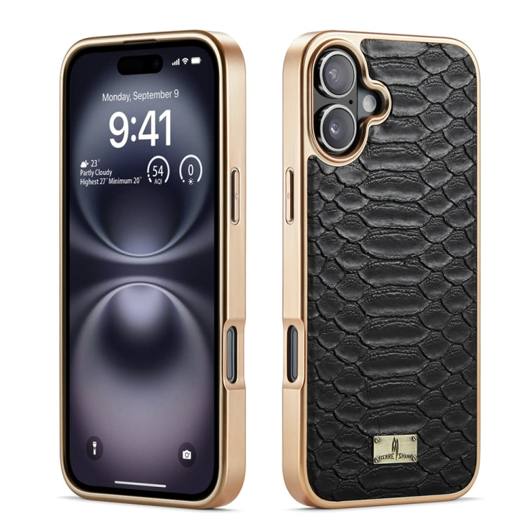 For iPhone 16 Fierre Shann Python Texture Electroplating PU Phone Case(Black) by FIERRE SHANN