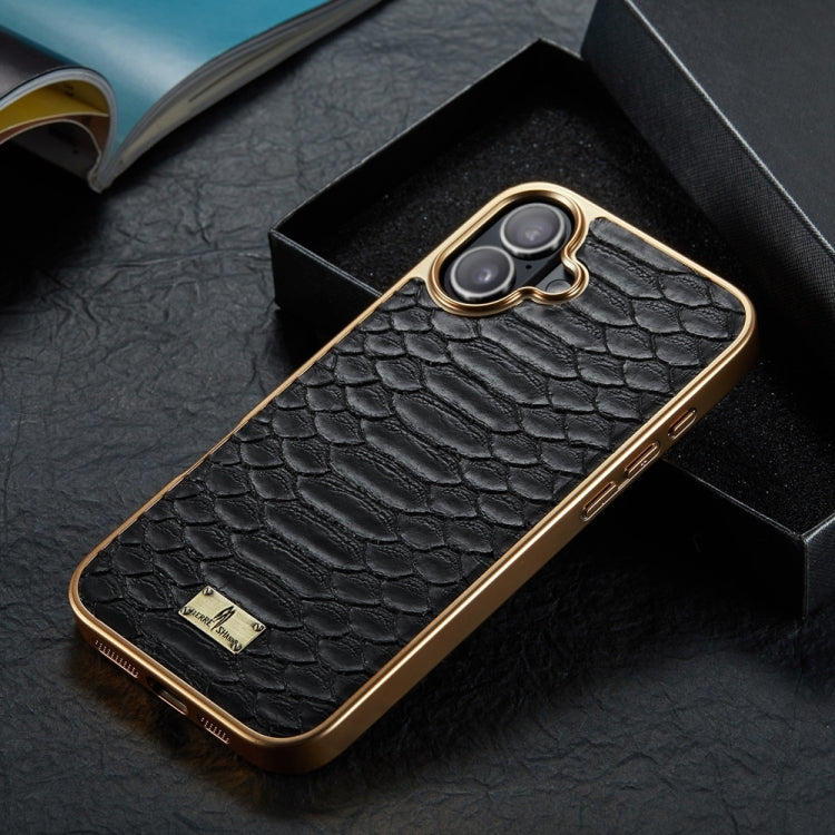 For iPhone 16 Fierre Shann Python Texture Electroplating PU Phone Case(Black) by FIERRE SHANN