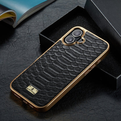 For iPhone 16 Fierre Shann Python Texture Electroplating PU Phone Case(Black) by FIERRE SHANN