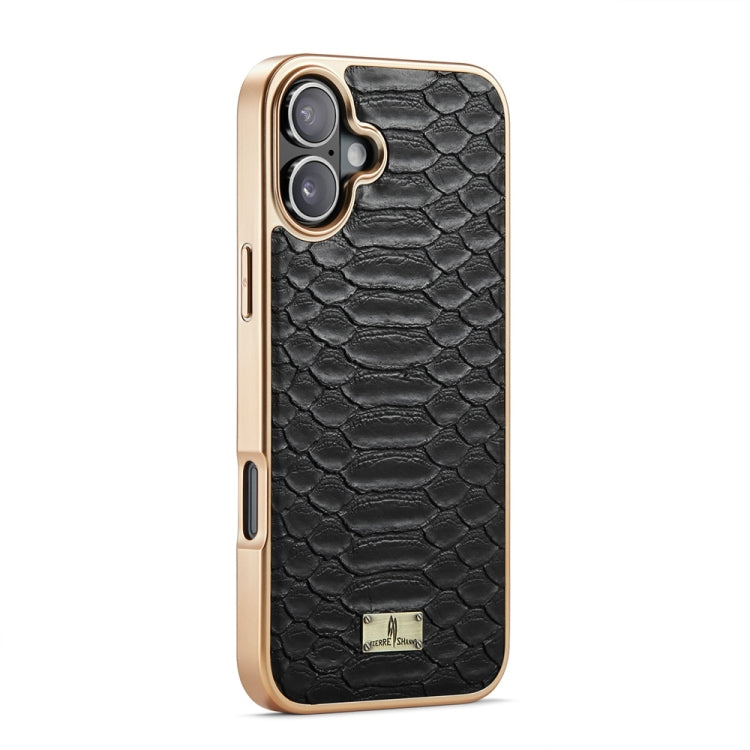 For iPhone 16 Fierre Shann Python Texture Electroplating PU Phone Case(Black) by FIERRE SHANN