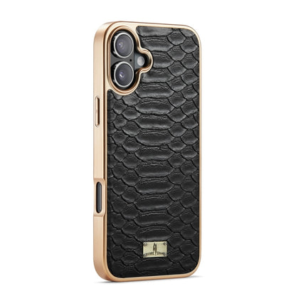 For iPhone 16 Fierre Shann Python Texture Electroplating PU Phone Case(Black) by FIERRE SHANN