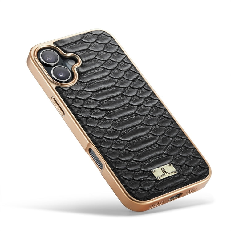 For iPhone 16 Fierre Shann Python Texture Electroplating PU Phone Case(Black) by FIERRE SHANN