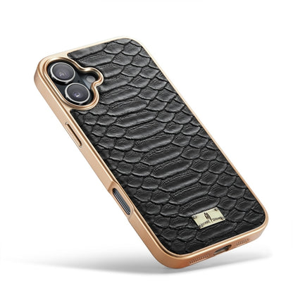For iPhone 16 Fierre Shann Python Texture Electroplating PU Phone Case(Black) by FIERRE SHANN