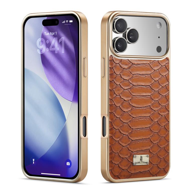 For iPhone 17 Pro Max Fierre Shann Python Texture Electroplating PU Phone Case(Brown) by FIERRE SHANN