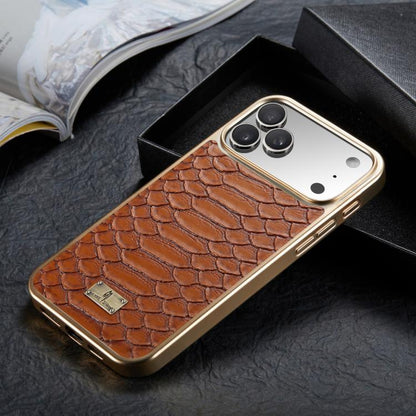 For iPhone 17 Pro Max Fierre Shann Python Texture Electroplating PU Phone Case(Brown) by FIERRE SHANN