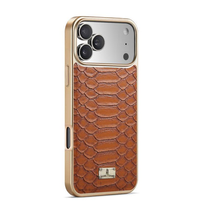 For iPhone 17 Pro Max Fierre Shann Python Texture Electroplating PU Phone Case(Brown) by FIERRE SHANN