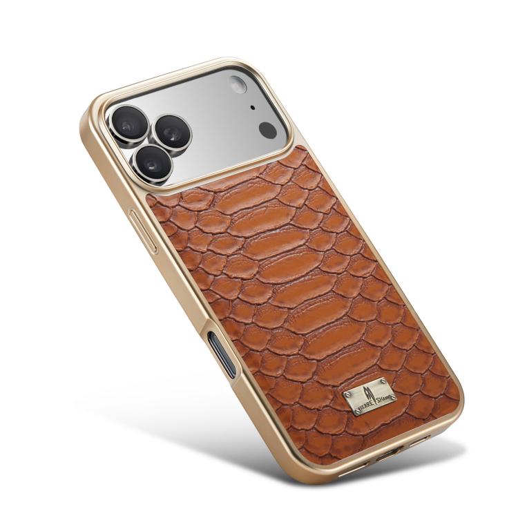 For iPhone 17 Pro Max Fierre Shann Python Texture Electroplating PU Phone Case(Brown) by FIERRE SHANN