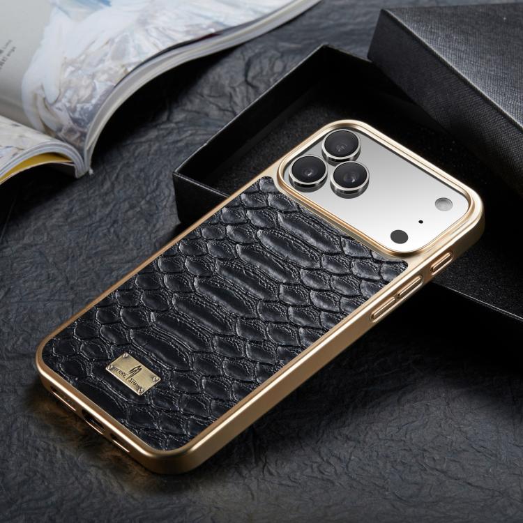 For iPhone 17 Pro Fierre Shann Python Texture Electroplating PU Phone Case(Black) by FIERRE SHANN
