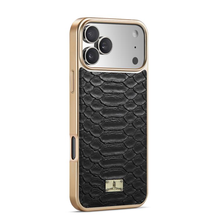 For iPhone 17 Pro Fierre Shann Python Texture Electroplating PU Phone Case(Black) by FIERRE SHANN