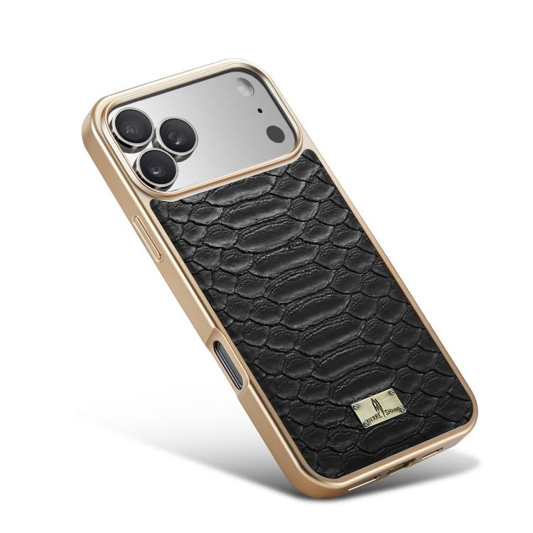 For iPhone 17 Pro Fierre Shann Python Texture Electroplating PU Phone Case(Black) by FIERRE SHANN