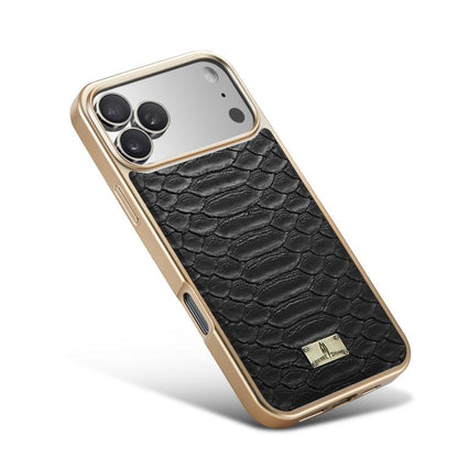 For iPhone 17 Pro Fierre Shann Python Texture Electroplating PU Phone Case(Black) by FIERRE SHANN