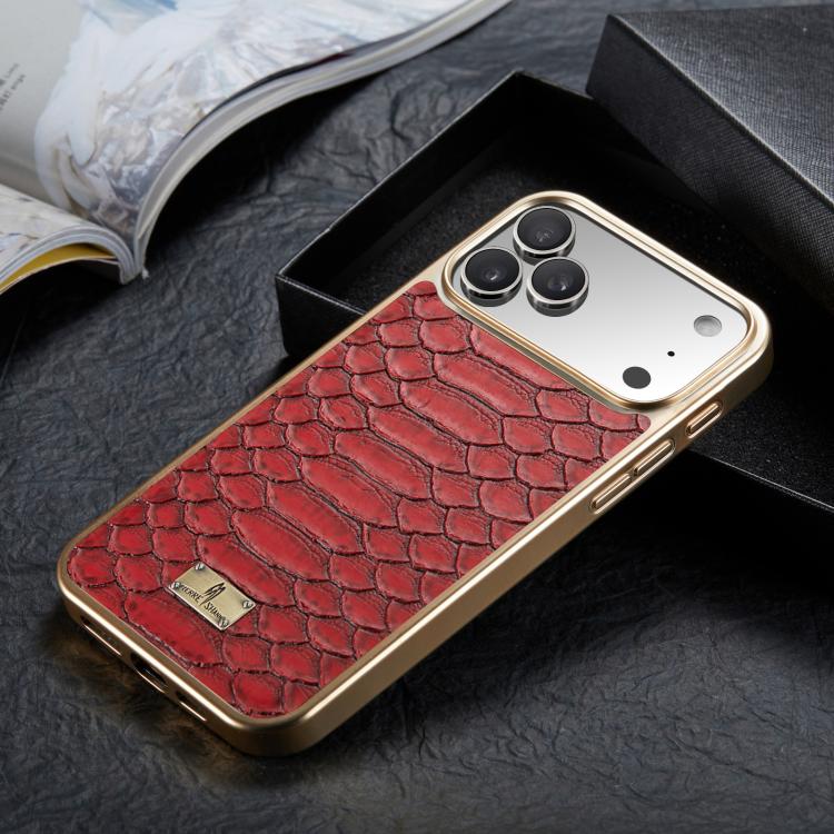 For iPhone 17 Pro Fierre Shann Python Texture Electroplating PU Phone Case(Red) by FIERRE SHANN