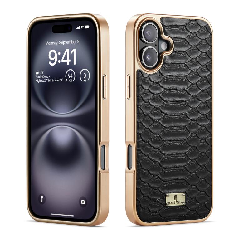 For iPhone 17 Fierre Shann Python Texture Electroplating PU Phone Case(Black) by FIERRE SHANN