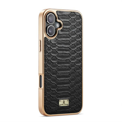 For iPhone 17 Fierre Shann Python Texture Electroplating PU Phone Case(Black) by FIERRE SHANN