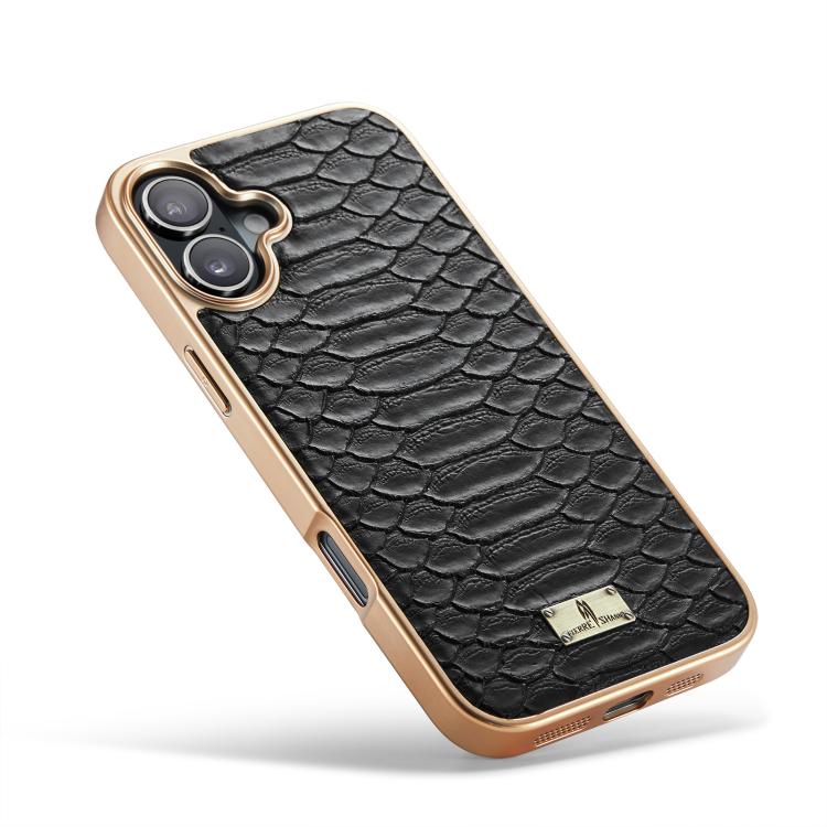 For iPhone 17 Fierre Shann Python Texture Electroplating PU Phone Case(Black) by FIERRE SHANN