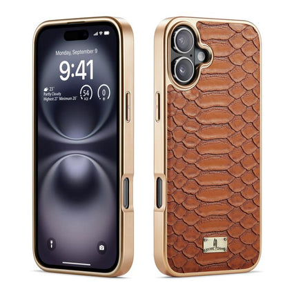 For iPhone 17 Fierre Shann Python Texture Electroplating PU Phone Case(Brown) by FIERRE SHANN