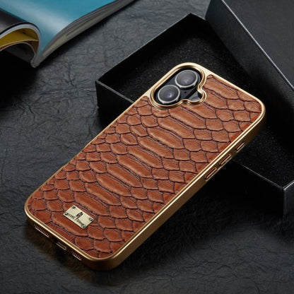 For iPhone 17 Fierre Shann Python Texture Electroplating PU Phone Case(Brown) by FIERRE SHANN
