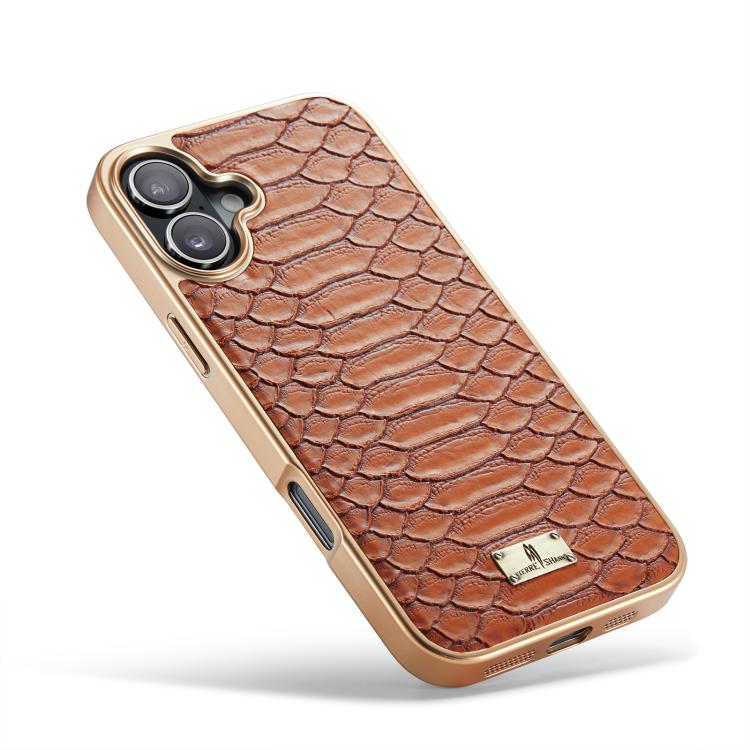 For iPhone 17 Fierre Shann Python Texture Electroplating PU Phone Case(Brown) by FIERRE SHANN