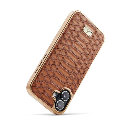 For iPhone 17 Fierre Shann Python Texture Electroplating PU Phone Case(Brown) by FIERRE SHANN