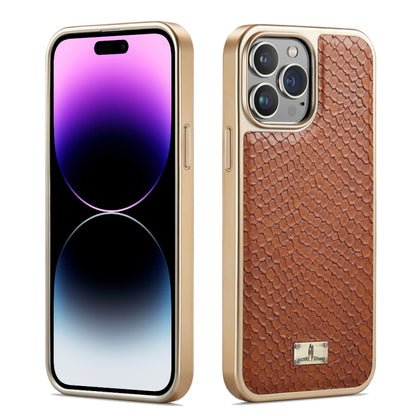 For iPhone 15 Pro Max Fierre Shann Snake Texture Electroplating PU Phone Case(Brown) by FIERRE SHANN