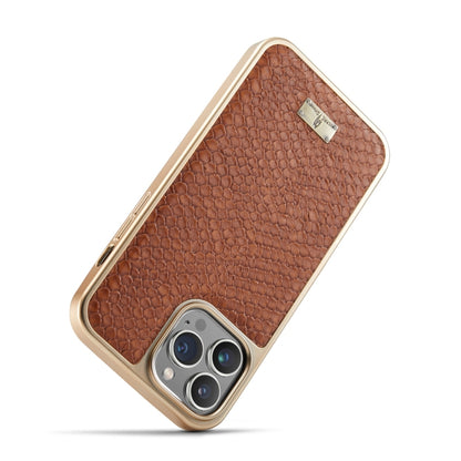 For iPhone 15 Pro Max Fierre Shann Snake Texture Electroplating PU Phone Case(Brown) by FIERRE SHANN