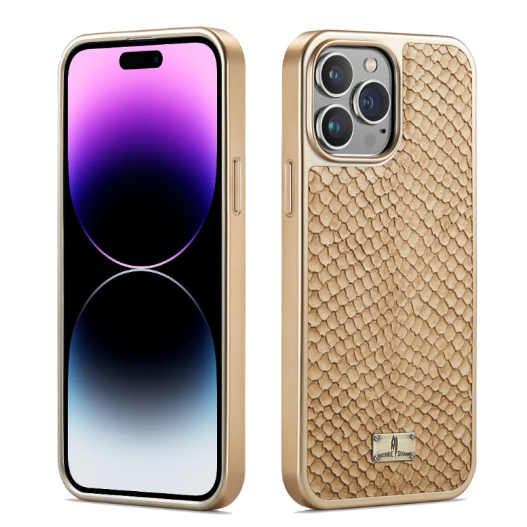 For iPhone 15 Pro Fierre Shann Snake Texture Electroplating PU Phone Case(White) by FIERRE SHANN